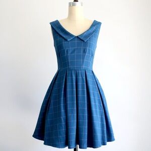 Apricity Windowpane Plaid Checked Retro Sunday Dress Blue Dapper Women’s M